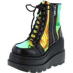 Cape Robbin Radio Black Womens Boots 10 New Punk Style High-top Synthetic Boots, Black Punk Style Synthetic Platform Boots, Green Synthetic Platform Boots, Green Platform Boots In Synthetic Material, Green Platform Boots With Synthetic Material, Black Punk Boots For Spring, Spring Punk Black Boots, Black Lace-up Wedge Boots With Chunky Platform, Black Lace-up Chunky Platform Wedge Boots