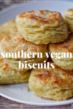 several biscuits stacked on top of each other with the words southern vegan biscuits