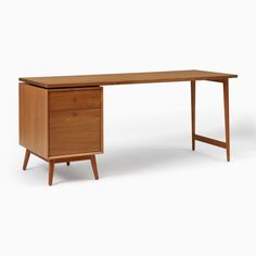 a wooden desk with two drawers on one side and an open drawer on the other