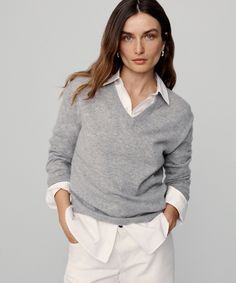 Flynn Cashmere Sweater Grey As a nod to the classics, this covetable cashmere piece embraces all the ease of a relaxed fit knit with the sophistication of a v-neck silhouette. Tuck this lightweight layer into trousers or pair it with your favorite slip skirt to instantly upgrade any transitional outfit. 100% cashmere. Made in China. Slightly boxy, drop-shoulder v-neck knit. | Jenni Kayne Women's Flynn Cashmere Sweater Size X-Small Cashmere Sweater Outfit, Dresses Date Night, Sweater Outfit, Jenni Kayne, Transition Outfits, Sweater Grey, Slip Skirt, Black Wedding Dresses, New Arrival Dress