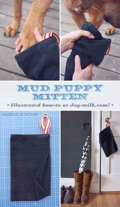 the instructions for making mud puppy mittens are shown in three different pictures, including one with