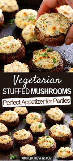 Learn how to make the best stuffed mushrooms with cream cheese that is garlicky, meatless, vegetarian, gluten free and has no meat. Mushroom caps are filled with Philadelphia cream cheese, baked in the oven and served hot to make easy appetizer for a crowd to serve at Thanksgiving or Christmas parties. Get the yummy vegetarian stuffed mushrooms recipe at kitchenathoskins.com. Vegetarian Stuffed Mushrooms, Stuffed Mushrooms With Cream Cheese, Appetizer For Thanksgiving, Best Stuffed Mushrooms, Appetizer For A Crowd, Stuffed Mushrooms Vegetarian, Vegetarian Appetizers Easy