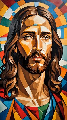 a painting of jesus with long hair and blue eyes, in front of a multicolored background