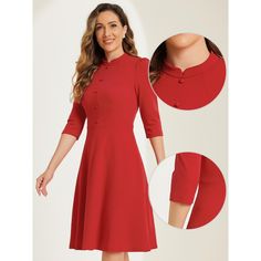 In a timeless classic design, this simple but elegant sheath dress adds to your choice for the upcoming seasons. Stylish and lightweight material easily shows your body curve and elongates your legs. Pair it with heels and you can build a retro elegant look. You can also add a coat/trench coat in fall and winter. Suitable for summer/autumn/spring and many occasions, such as Work, Office, Urban Casual, Coffee Shop, Daily, Date, Business, Formal, Weekend, etc. Elegant Red Midi Dress With 3/4 Sleeves, Red 3/4 Sleeve Dress For Work, Half Sleeve Buttoned Dresses For Workwear, Elegant 3/4 Sleeve Dresses With Buttons, Half Sleeve Dresses With Buttons For Workwear, Half Sleeve Buttoned Dresses For Work, Elegant Dress With Buttons And 3/4 Sleeves, Elegant Dresses With 3/4 Sleeves And Buttons, Elegant Dresses With Buttons And 3/4 Sleeves