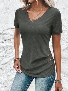 Women Summer Plain V-Neck Short Sleeve Casual T-Shirt With Button Decor Grey Casual  Short Sleeve Knitted Fabric Plain  Medium Stretch  Women Clothing, size features are:Bust: ,Length: ,Sleeve Length: Button Decor, Fashion Tights, Dark Jeans, Women T Shirts, Casual T Shirt, Fashion Details, Casual T Shirts, Wide Leg Jeans, Summer Casual