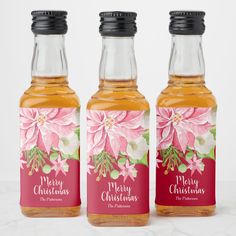 Christmas Floral Mini Liquor Bottle Labels Pink Poinsettia, Liquor Bottle Labels, Mini Liquor Bottles, Mini Champagne Bottles, Mini Wine Bottles, Champagne Bottle Labels, Christmas Plants, Mini Champagne, Holiday Floral