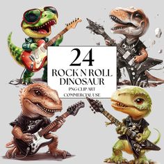 four cartoon dinosaurs playing guitars and singing with the caption 24 rock'n'roll dinosaur