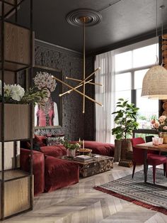 a living room filled with lots of furniture next to a large window and potted plants