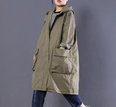 Long Women Casual Hooded Parka Plus Size Coat Jacket ,Custom make service available! Please feel free to contact us if you want custom made for this coat.Materials: cotton blendedMeasurement: One size fits all . length 60cm / 23.62"bust 128cm / 50.39"Sleeve length 67cm / 26.37" Most of our dresses are made of cotton linen fabric, soft and breathy. loose dresses to make you comfortable all the time.Flattering cut. Makes you look slimmer and matches easily.Payment:We accept payment by paypal and c Plus Size Coat, Loose Dresses, Plus Size Coats, Hooded Parka, Cotton Linen Fabric, Black Khakis, Loose Dress, Casual Coat, Cotton Linen