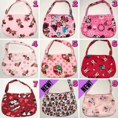 many different styles of purses with mickey and minnie mouse designs on the front, one is