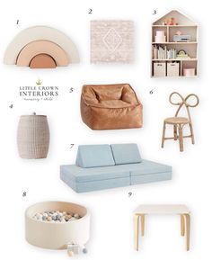 a bunch of furniture and decor items in white, blue, and beige colors with text overlay