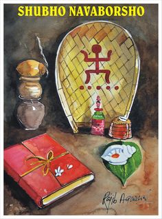 a painting of a book, vase and other items on a table with the words shubo navaborsho