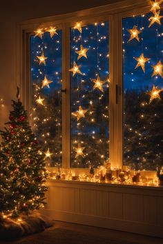 Christmas star light glowing in window for festive holiday decor Rainbow Christmas Lights Indoor, Star Christmas Lights Outdoor, Christmas Lights Window Outdoor, Simple Christmas Window Decor, Star Window Display, Outdoor Christmas Window Decorations, Christmas Light Decorations Indoor, Indoor Christmas Lights Ideas