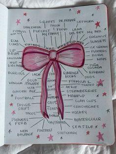 an open notebook with a pink ribbon on it and words written in the pages below