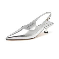 Look stylish and sophisticated in Beautoday's metallic leather stiletto pointed toe kitten heels with slingback. Crafted of quality metallic leather, these kitten heels will add a luxurious touch to your outfit, and are perfect for any occasion. Make a lasting statement with this timeless style. Upper Material: 100% Cow Leather Lining Material: Sheepskin Outsole Material: Rubber Insole Material: Sheepskin Heel height: 5 cm Silver Pointed Toe Kitten Heels For Spring, Silver Kitten Heels With Pointed Toe For Spring, Elegant Metallic Slingback Pumps With Pointed Toe, Elegant Silver Kitten Heels For Spring, Silver Pointed Toe Kitten Heels For Party, Metallic Pointed Toe Slingback Pumps For Formal Occasions, Formal Metallic Slingback Pumps With Pointed Toe, Sleek Silver Slingback Pumps For Formal Occasions, Silver Kitten Heels For Spring Evening