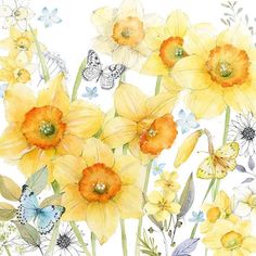 watercolor painting of yellow flowers and butterflies