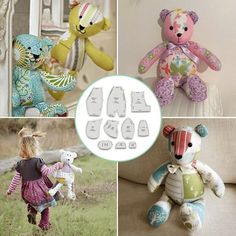 four different pictures of stuffed animals in various styles and sizes, including one with a teddy bear