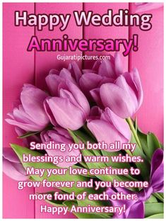 happy wedding anniversary card with purple tulips