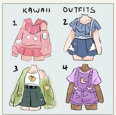 four different types of clothes with the words kawai outfits on them