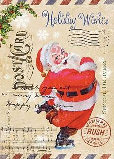 an old fashioned christmas postcard with santa claus on it's back and music notes