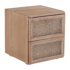 two drawers made out of wood with wicker on the sides and one drawer open