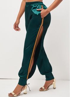 Color:Dark Green;Size:M;Size:L;Size:XL;Package Contents:1 X Pants;Color Scheme:Green;Composition:95% Polyester, 5% Spandex;Waist Type:High Waist;Closure Type:Elastic Waist;Pattern Type:Patchwork;Fit Type:Harlan;Washing Instructions:Hand Wash; Dark Green Pants, Silk Joggers, Stage Clothes, Green Side, Fashion Bottoms, Blue Jumpsuits, Red Jumpsuit, Maxi Dress Navy, Green Pants