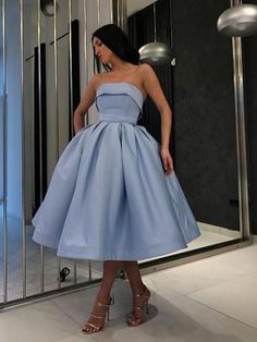 Ball Gown Satin Ruffles Strapless Sleeveless Tea-Length Homecoming Dresses at Hebeos Tea Length Homecoming Dresses, Strapless Homecoming Dresses, Light Blue Prom Dress, Elegant Ball Gowns, Blue Tea, Cheap Homecoming Dresses, Strapless Prom Dresses, Blue Evening Dresses, Rock Punk