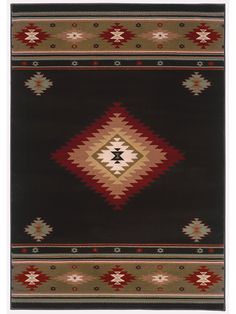 a black rug with red, beige and green colors