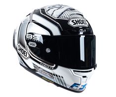 the helmet is white and black with silver stripes on it's face, while the word shoei has been added to the image