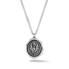 Navigate life’s journey protected and guided by your own collection of amulets and talismans. This sterling silver Talisman necklace features an oxidised phoenix which is long believed to be the the symbol of the human soul, rebirth, hope and courage. The inspiring latin words 'Alta Volare' are embossed on the front of the pendant and mean to 'fly high'. Dower & Hall designs their jewellery to be worn and treasured. Here are a few simple guidelines to keep your jewellery looking its best: Perfum Amulets And Talismans, Alphabet Jewelry, Talisman Necklace, Latin Words, Mens Jewelry Necklace, Human Soul, Fly High, Vermeil Jewelry, Solid Gold Jewelry