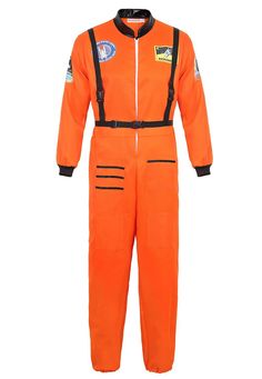 an orange jumpsuit with patches on the chest