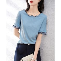 Olivia Mark - Exquisitely Designed Short-Sleeve Shirt Korean Casual, Lace Shirt, T Shirt Women, Texture Design, Sleeveless Tank Top, Sleeveless Tank, Types Of Collars, Short Sleeve Shirt, New Fashion