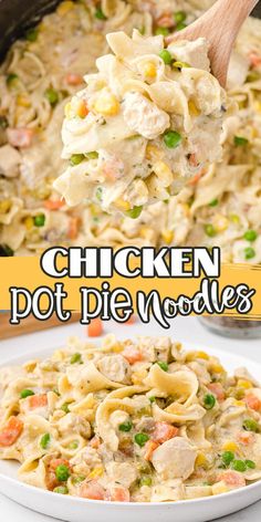 chicken pot pie noodle casserole in a white bowl with a wooden spoon