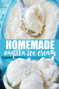 homemade vanilla ice cream in a bowl with a spoon and text overlay that reads homemade vanilla ice cream