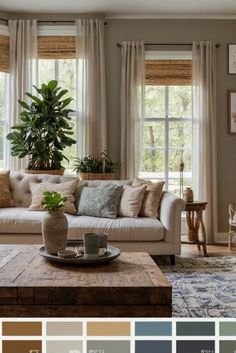 a living room filled with furniture and lots of windows covered in shades of brown, blue,