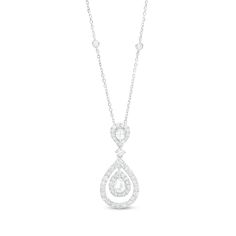 Exude an elegant vibe with the vintage-inspired details of this sophisticated rose-cut diamond double teardrop pendant. Created in 14K white gold A 1/8 ct. rose-cut pear-shaped diamond shimmers in a diamond halo - all wrapped in an open teardrop-shaped frame of diamonds. Above, a round diamond connects the drop to the inverted diamond-framed rose-cut pear-shaped diamond bail. The antique-style rose cut mimics the appearance of petals with triangular facets that beautifully reflect light and spar Classic Teardrop Diamond Necklace For Wedding, Timeless Pear-shaped Diamond Necklace For Wedding, Timeless Teardrop Diamond Necklace For Formal Occasions, Elegant Teardrop Pendant Diamond Necklace For Anniversary, Elegant Pear-shaped Diamond White Necklace, Pear-shaped Diamond Necklace For Wedding, Formal Teardrop Diamond White Diamond Necklace, Diamond White Teardrop Diamond Necklace For Formal Occasions, Elegant Diamond Teardrop Pendant Necklace