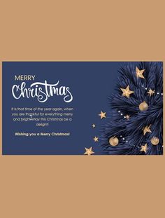 a merry christmas card with blue and gold stars on it, in front of a brown background