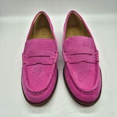 Add A Pop Of Color To Your Wardrobe With These J.Crew Women's Penny Loafers In A Beautiful Intense Pink. These Slip-On Flats Feature An Almond Toe Shape And Are Made With High-Quality Textile Material. Perfect For Any Occasion, Whether It's A Casual Day Out Or A Formal Business Meeting, These Shoes Are Versatile And Stylish. The Slip-On Closure Makes It Easy To Wear And Take Off, And The Solid Pattern Is Timeless. These Loafers Are Part Of The J.Crew Brand, A Well-Known And Trusted Name In The F Classic Pink Loafers With Leather Sole, Classic Pink Loafers With Rubber Sole, Pink Flat Heel Loafers For Office, Pink Classic Slip-on Loafers, Classic Pink Slip-on Loafers, Classic Pink Loafers For Work, Classic Pink Loafers With Round Toe, Pink Flat Heel Loafers For Workwear, Pink Closed Toe Formal Loafers