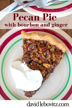 a piece of pecan pie with bourbon and ginger is on a plate next to a fork