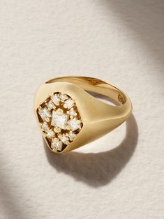 Suzanne Kalan is known for her signature 'Fireworks' setting - we love how the designer incorporates the scattered design in traditional styles, like this pinky ring. It's handmade from 18-karat gold and dusted with 0.45-carats of princess-cut diamonds interspersed with 0.08-carats of round ones. Fine Jewelry Yellow Gold Signet Ring With Diamond Accents, Pinky Ring Diamond, Gold Diamond Pinky Ring, Yellow Gold Diamond Signet Ring Hallmarked, Diamond Pinky Ring, Rose Diamond Ring, Suzanne Kalan, Traditional Styles, White Diamond Ring