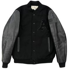 Avirex Varsity Jacket Wool plain black body and leather sleeves. Tagged L. Pit to pit 21.5". Length 26.5". Fits closer to men's size M. Nice condition with no notable flaws. Black Varsity Jacket, Leather Varsity Jackets, Leather Sleeves, Leather Sleeve, Black Body, Plain Black, Men's Coats And Jackets, Mens Coats, Varsity Jacket