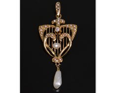 "Superb 14K gold old mine cut diamond  and natural sea pearls laced pendant C.1900's. The pendant features elegant design typical to Edwardian period. All parts of the pendant are wrought with great thoroughness: the bail, the main center, and the dangle. The lace center designed as open work filigree embellished with natural pearls and accented with 3 mm (approx. 0.11 CW)  old mine cut diamond. The center measures 1 3/16\" X 3/4\" (30 mm X 19.5 mm). The bail is embellished with pearls, and meas Old Mine Cut Diamond, Aquamarine Pendant, Antique Pendant, Pearl And Lace, Black Diamond Ring, Natural Pearl, Sea Pearls, Cross Earrings, Maker's Mark