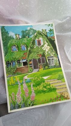 a painting of a house with flowers in the front yard