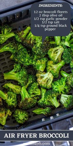 broccoli is being cooked in an air fryer with instructions for cooking it