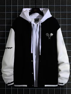 Black Casual Collar Long Sleeve Fabric Colorblock,Floral Varsity Embellished Medium Stretch  Men Clothing Outfits Quotes, Tomboy Stil, Men Outerwear, Hype Clothing, Stylish Hoodies, Cute Dress Outfits, Guys Clothing Styles, Tomboy Outfits, Tomboy Style Outfits