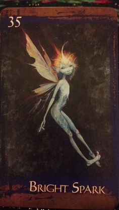 a painting of a fairy with orange hair and blue body, standing in the dark