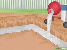 a red bucket is pouring water into a hole in the ground with wheels on it