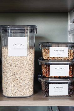 three plastic containers filled with food on top of a shelf