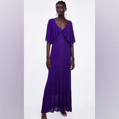 Dramatic Zara Metallic Maxi Dress With Flowy Cape Sleeves. Fully Lined With Attached Cami Style Slip Dress. Features Gold Metallic Threading Detail. Stretchy Knit Fabric. Can Wear On Or Off Shoulder. Perfect For Special Events. Brand New, W/ Tags. Chic Purple Evening Maxi Dress, Elegant Purple Maxi Dress For Beach, Elegant Purple Beach Dress, Zara Purple Maxi Dress For Spring, Elegant Purple Midi Dress For The Beach, Zara Purple Summer Maxi Dress, Chic Purple Zara Dress, Zara Purple Maxi Dress For The Beach, Purple V-neck Maxi Dress With Ruffles