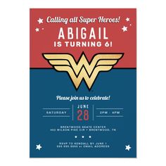 the wonder woman birthday party card is printed on a white background with red, blue and yellow